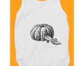 Cinderella and her carriage (100% White cotton baby bodysuit with pumpkin and shoe print vintage print)