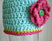 beanie / blue/aqua crochet beanie with hot pink or lime green flower / newborn / baby / toddler / kids / teen / adult