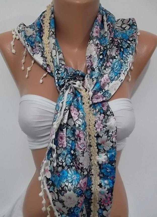 ON SALE - Blue flowered - Georgeus  Scarf  Soft and light...