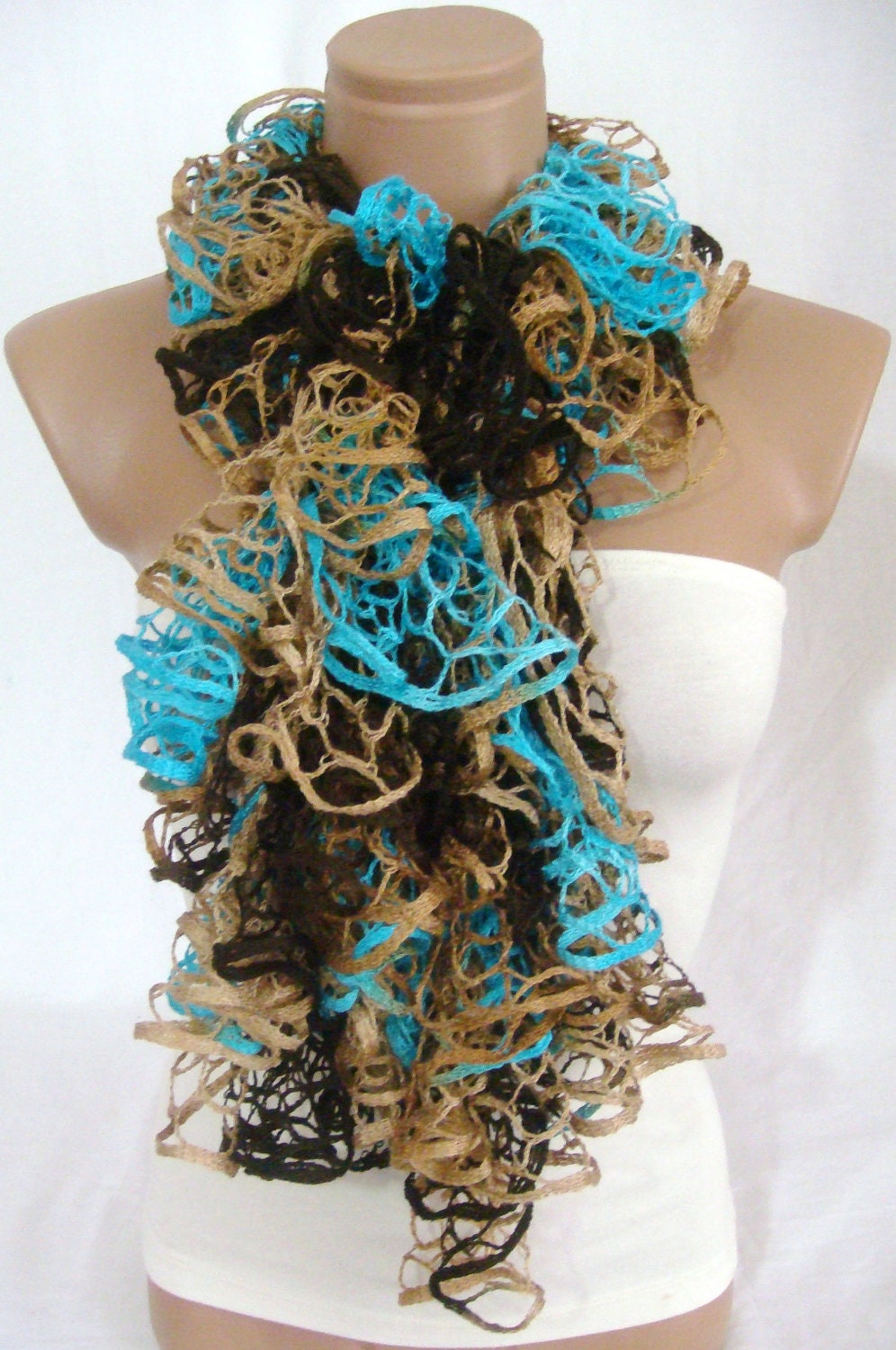 Knitted Camel,Turquoise, Brown Ruffled Scarf, Ruffle Scarf by Arzu's Style