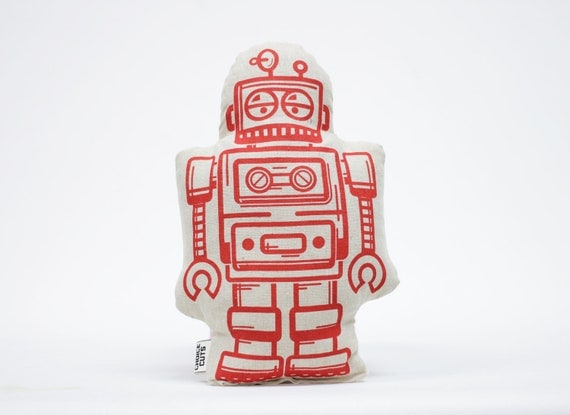 Plush Robot Pillow Screen Print Red Stuffed