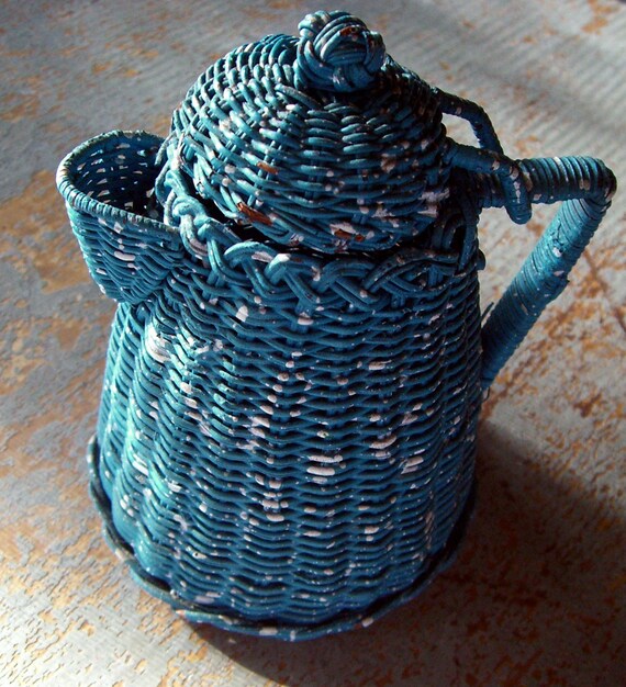 Vintage Basket Wicker Tea Pot Blue Tea Kettle by TheBackShak