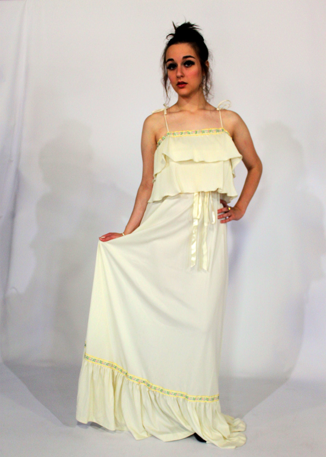 RESERVED 1970s Bohemian Gunne Sax-Inspired Flowing White Tiered Maxi Dress w/ Tapestry Trim