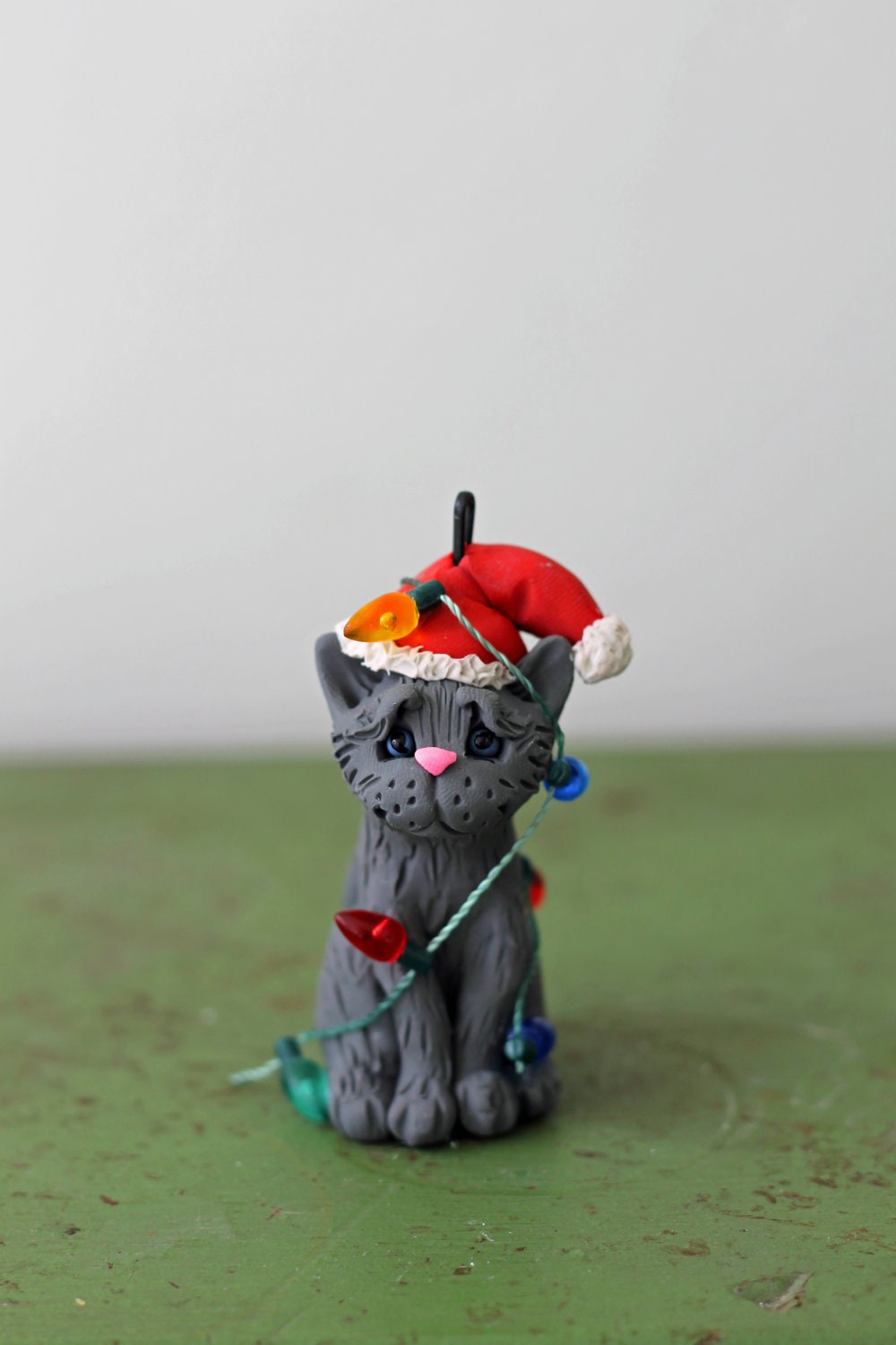 Cat Christmas Ornament - Grey Cat Tangled in Lights - READY TO SHIP - Hand Sculpted - CherryRedToppers