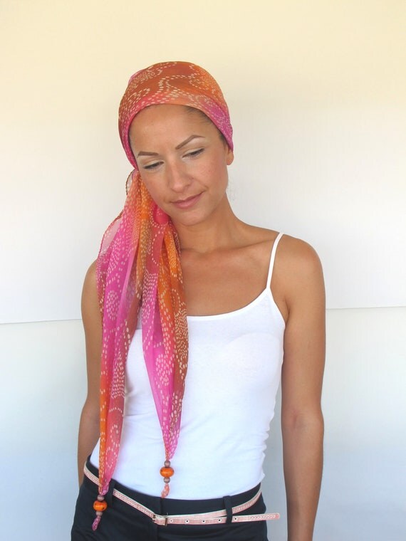 Silk scarf  with color block print, bohemian headband.
