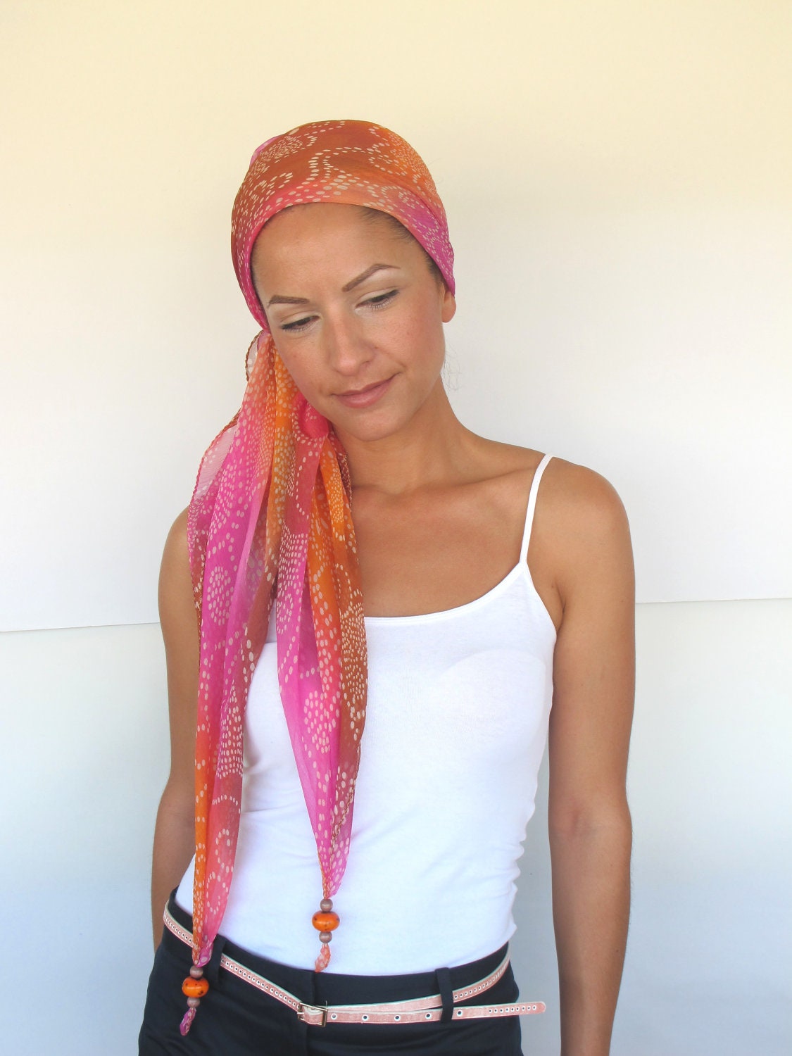 Silk scarf  with color block print, bohemian headband.