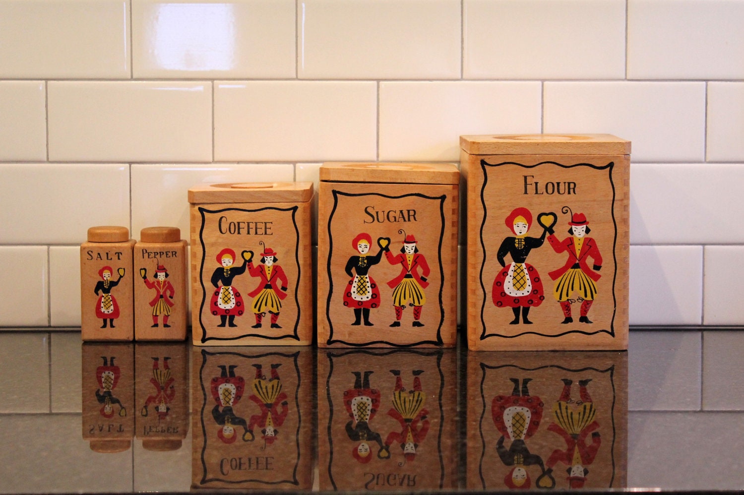 Fun and Folksy: Vintage Wood Nesting Canister Set with Salt & Pepper, Hand-painted