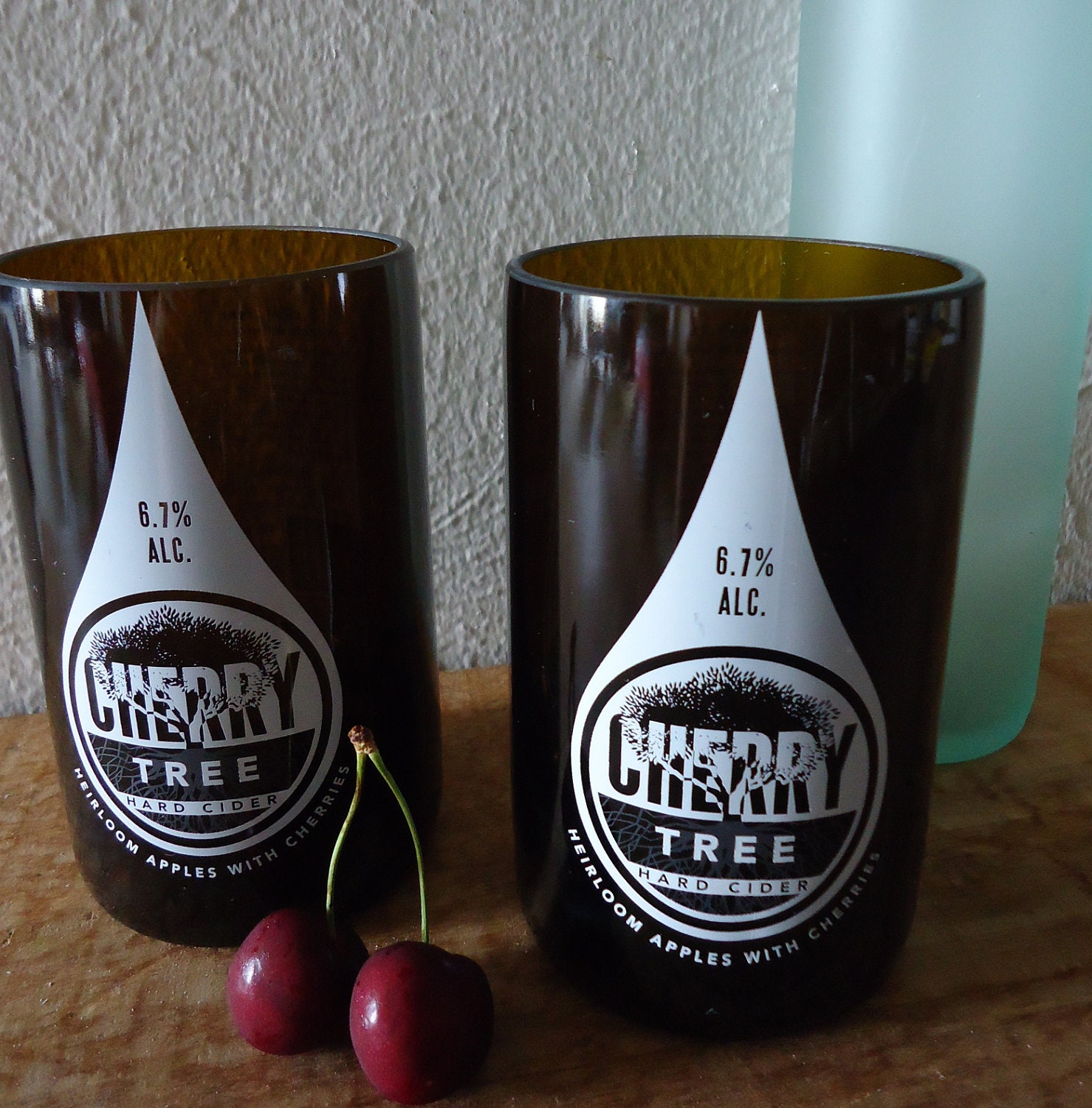 Recycled Beer Bottle Glasses made from Cherry Tree Hard Cider Bottles Set of 2
