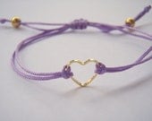 FRIENDSHIP BRACELET -  Valentine's day - Pale Purple Shamballa Nylon Cord - Gold tone metal heart - Adjustable closing