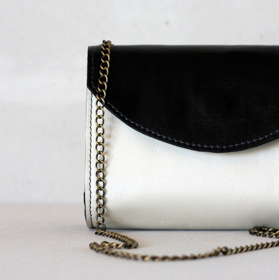 Black and white leather purse small evening bag by Dalfia