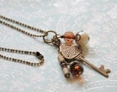 Key to Love Necklace -  Mother's Day, found LOVE charm, red bead, key, pearl bead, bronze