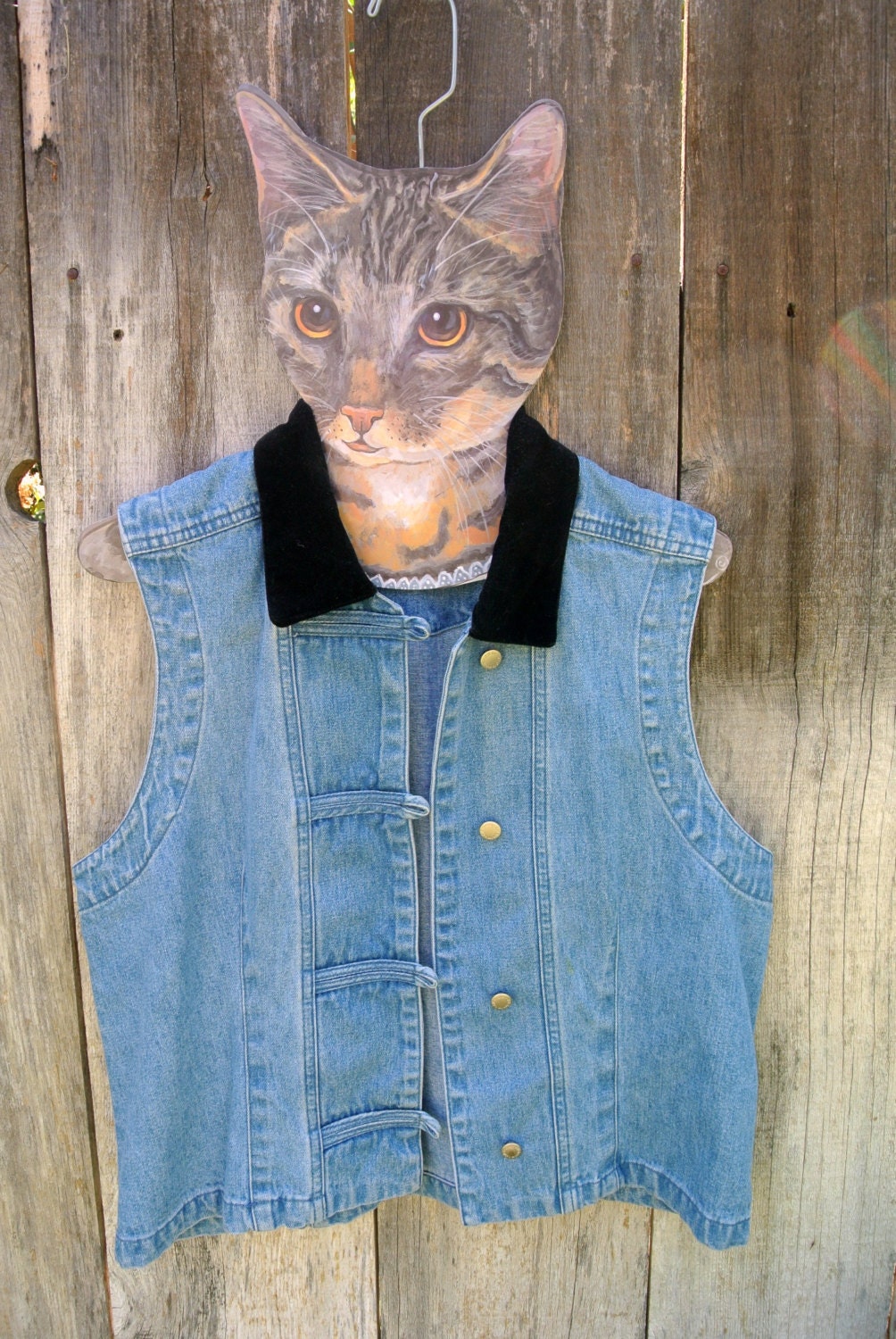 Velvet Collar Light Wash Denim Vest// Size Medium// 90s Grunge