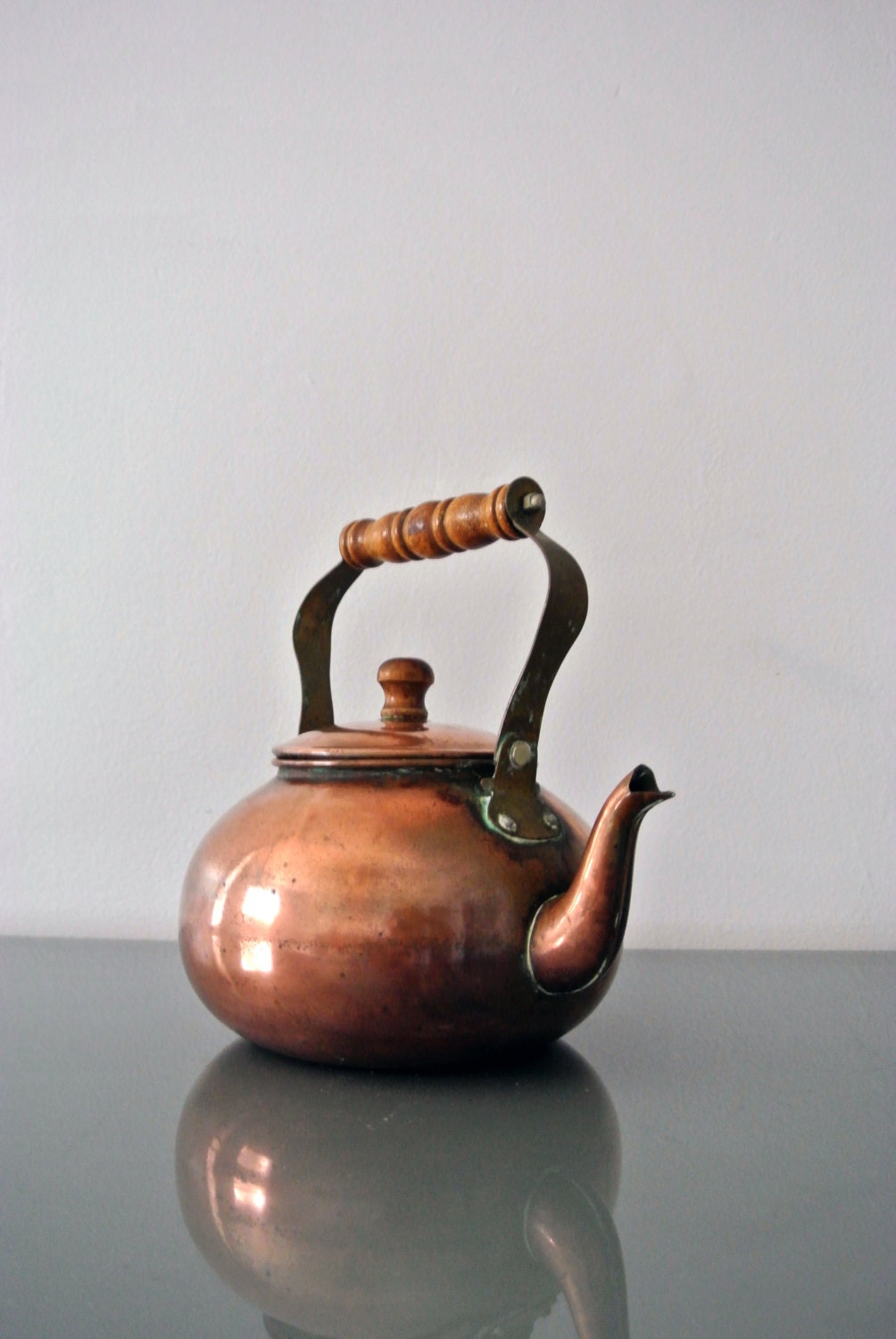 o o o Copper Teapot w Wood Handle / Vintage Copper by 6HoursAhead