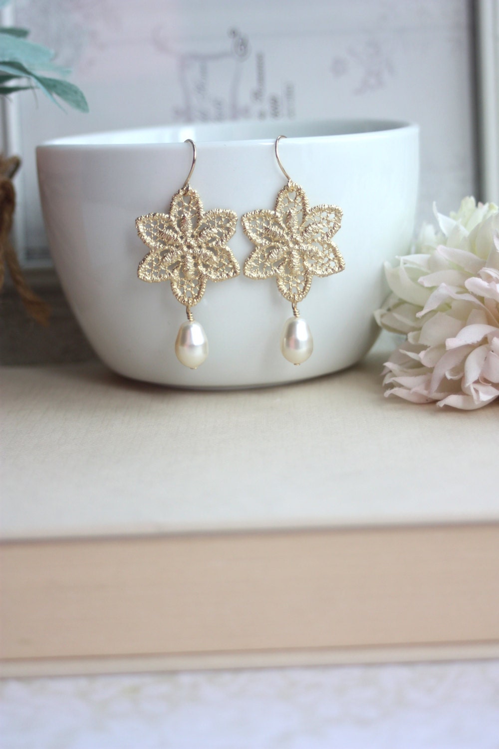 Matte Gold Plated Snowflake Lace Filigree Earrings, Swarovski White Pearl. Bridal Earrings. Wedding Gift. Bridesmaids Gift.