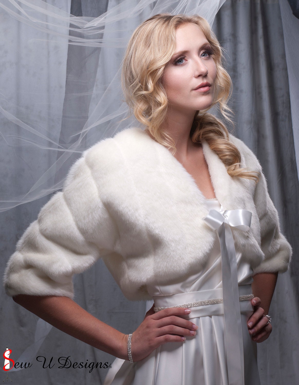 Faux Fur 3 /4 sleeve bolero jacket shrug Style A Bride's winter wedding Available in different textures and colors of faux fur