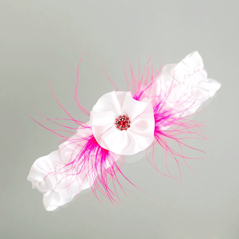 Wedding Garter, Bridal Garter, Boudoir Garter, Prom Garter - Punk Pink Fleur Feather Boudoir Garter SINGLE - MED/LG