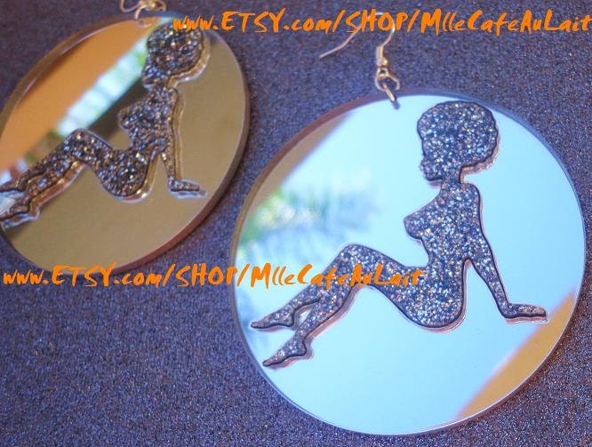 Glitter Mirror Laser Cut  Acrylic Disc Earrings - GLITTER GALS (Silver Mirror, Silver Glitter Curly Afro Mudflap Girl)