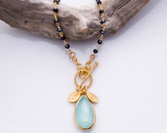 Lariat Necklace - Personalized Necklace - Aqua Blue Chalcedony Necklace - Wire wrapped Black Onyx Charm Necklace