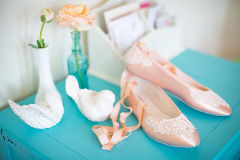 Lace wedding shoes ballet flats embellished with French lace and removable ribbons