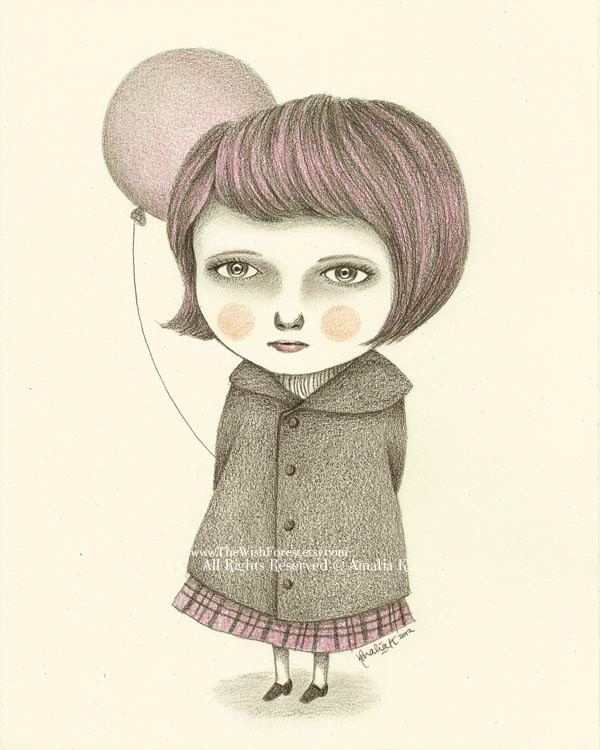 CLEARANCE SALE, 50 Percent Off Original Illustration, Pencil Drawing, Nursery Decor, Girl's Room Art - Little Girl with Pink Balloon