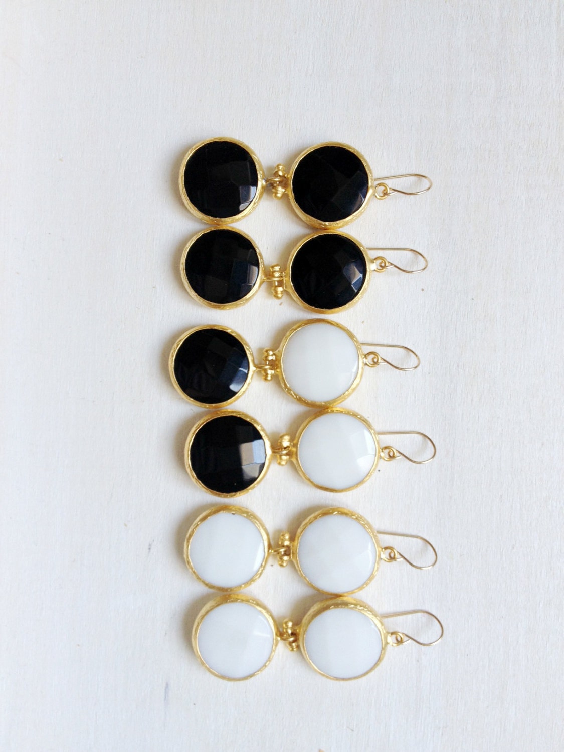 LARGE dangle long  DUAL  white black gemstone earrings gold gemstone earrings Israel jewelry