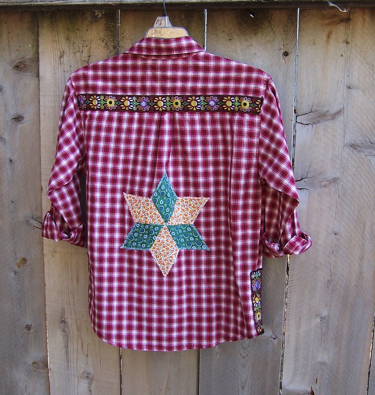 Womens red plaid shirt oxford buffalo plaid embroidered jacquard trim quilt star western long sleeves cotton upcycled clothing