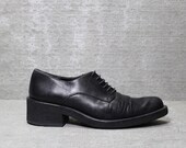 Vtg 90s Black Leather Minimalist Pointy Chunk Heel Oxford Shoes 6.5 6 1/2