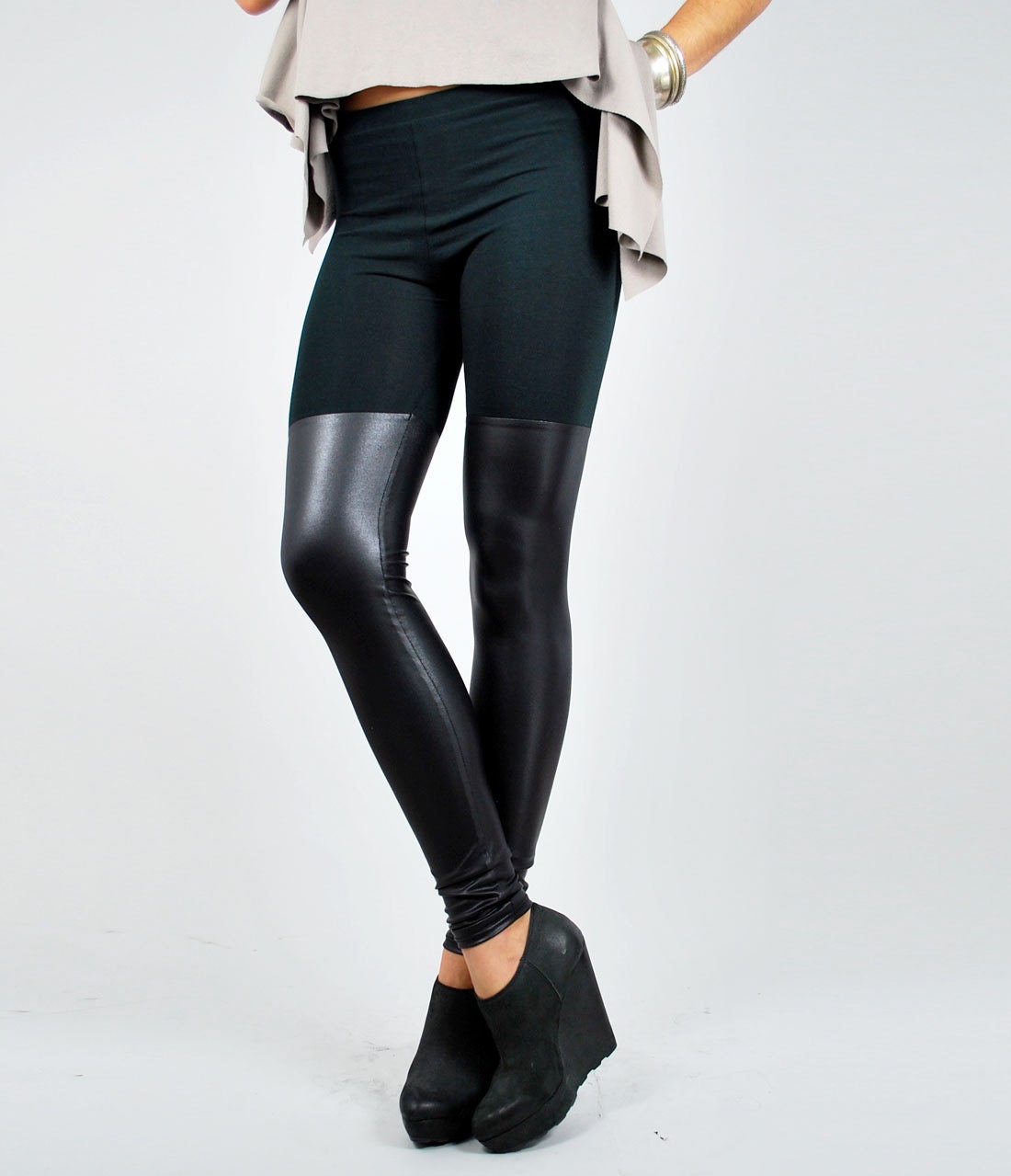 Faux Leather Thigh-High Leggings Black MADE To ORDER
