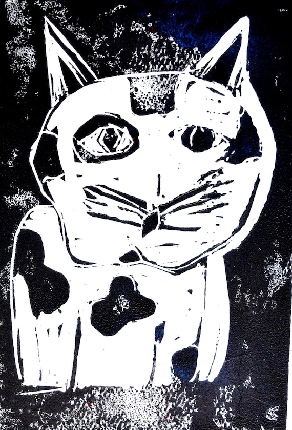 11X14 "Sad Kitty" linocut print by Catherine Baublite - CatherineBaublite