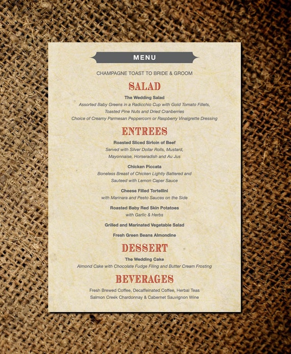 Old Fashioned Menu Card Custom Wedding By Differentdesigns10