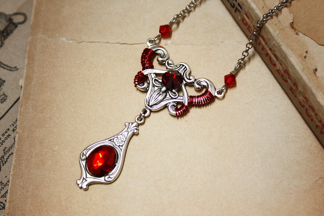 Gothic victorian vampire filigree red rhinestone necklace