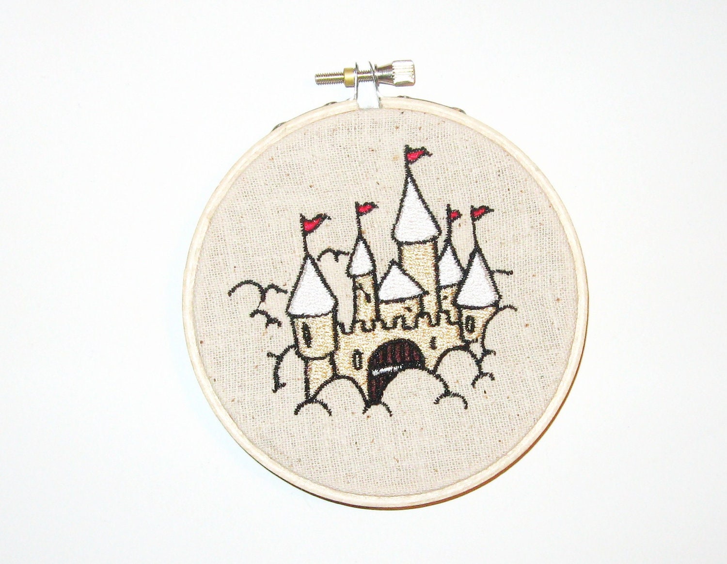 Embroidered Sandcastle Hoop Art - Comes As Shown on Sand Colored Fabric - 4 Inch Hoop - madebyjill