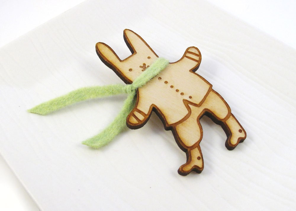 Winter Bunny With Green Scarf Wood Pin