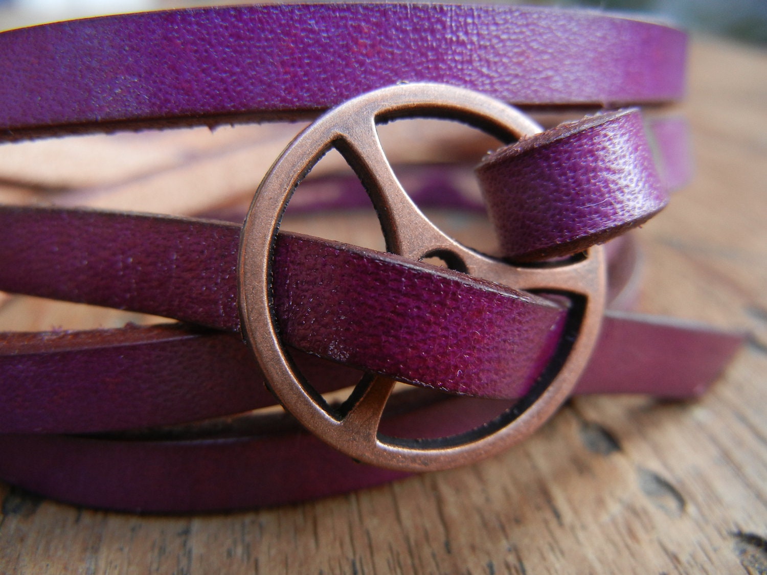 Leather Wrap Bracelet in Violet leather with Small Copper buckle