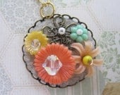 Vintage Plastic Flower Collage Necklace - Peachy Garden