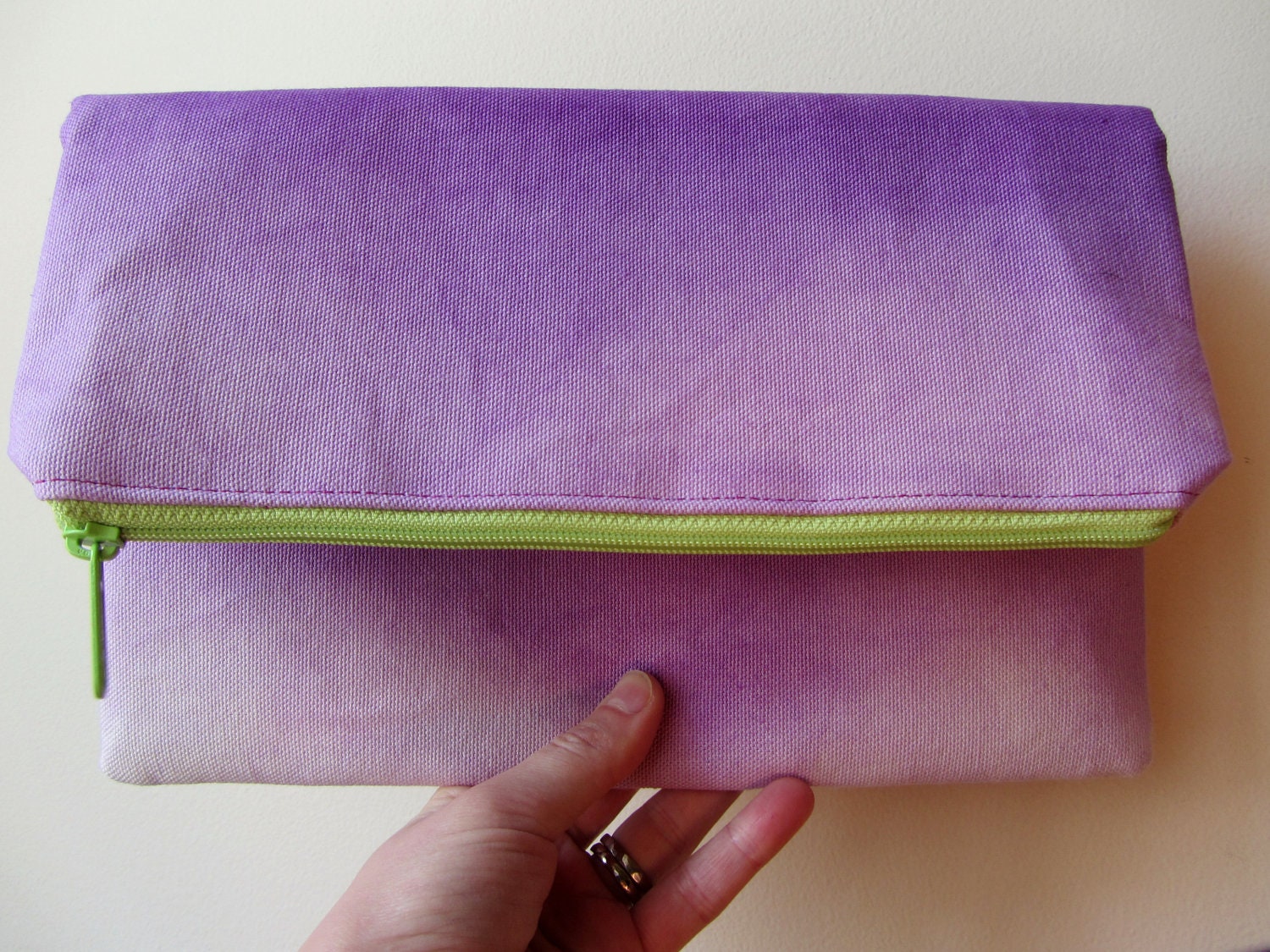 Foldover Zipper Clutch - Hand Dyed Purple Ombre and Lime