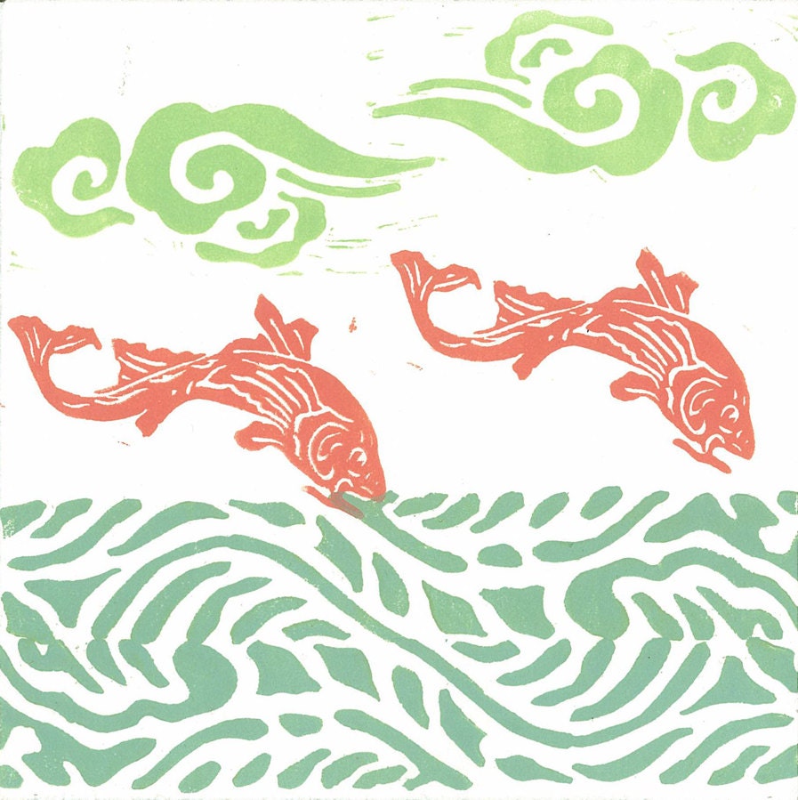 LINOCUT PRINT -  Flying Koi 28 -  Monoprint - Children Wall Art - Relief Print