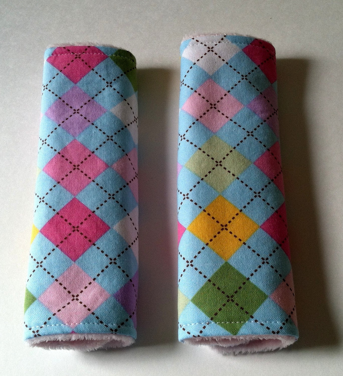 Car Seat Strap Covers - Reversible - Urban Zoologie Argyle in Spring- Pink Minky - Ready to Ship