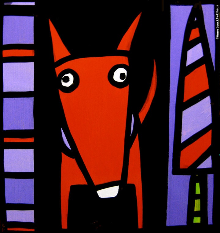 Red Pup One Tree12x13 Original Painting on Wood Panel