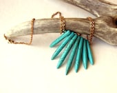 Turquoise Howlite Spike Necklace - seven daggers, vintage brass chain, spike jewelry, boho fashion