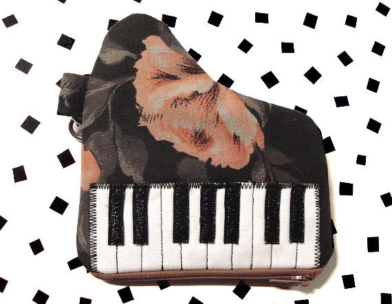 The Baby Grand- Gray & Peach Floral Piano Pouch w/Hand Strap