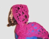 Flowery Fuchsia Hooded Scarf Only One - NZ Wool and Mohair 50-50 WOOL Blend - DISCOUNTED