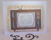Retro Television, ORIGINAL drawing, retro card, hand drawn card, humor art,  friendship card, small format art, blank note card