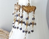 Earrings - sterling silver, vintage brass, vintage Swarovski crystal, iolite, goldfill - Cirque