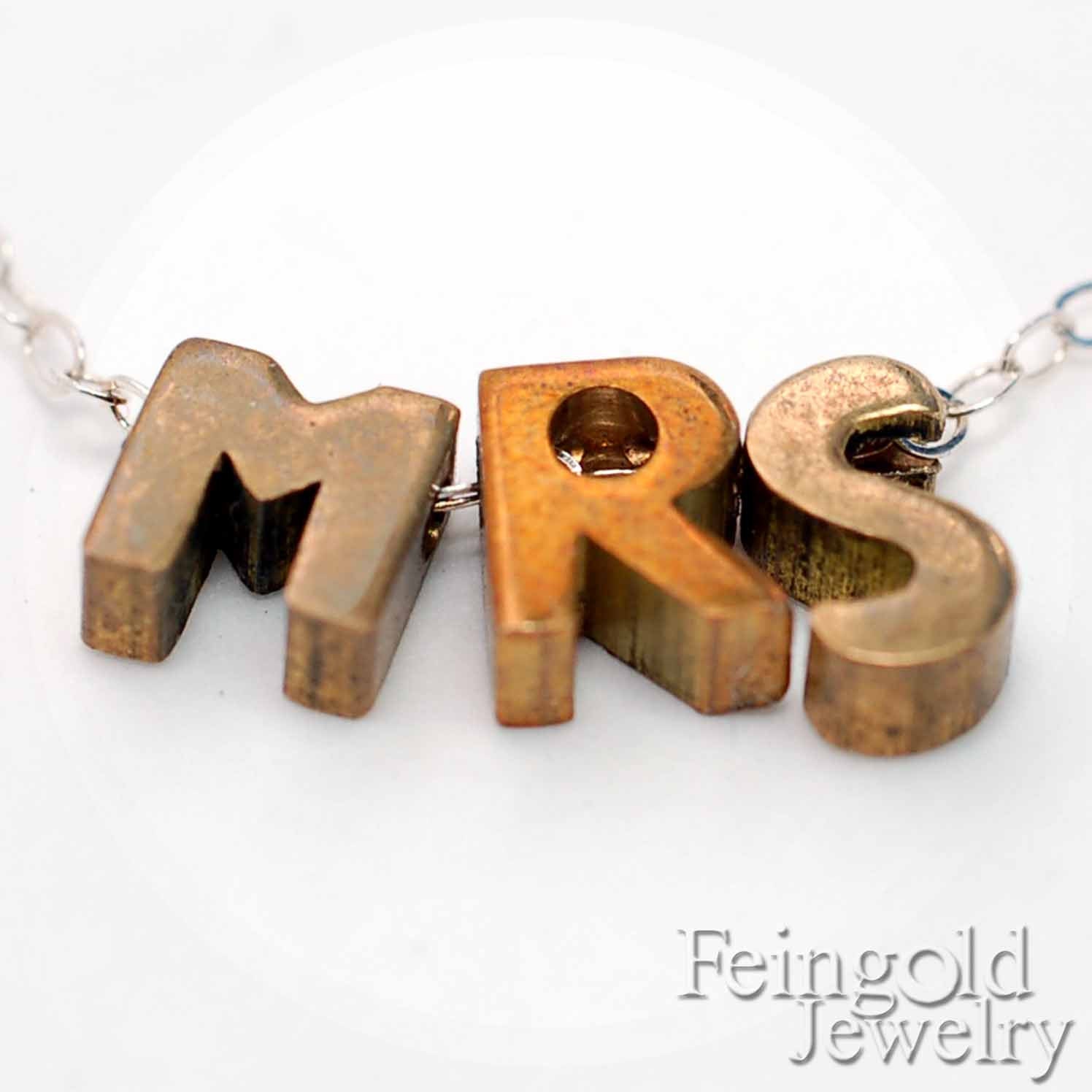 MRS - Tiny Letters Necklace - Vintage Brass Initial Charm Pendant on Sterling Silver Chain - Free US Shipping