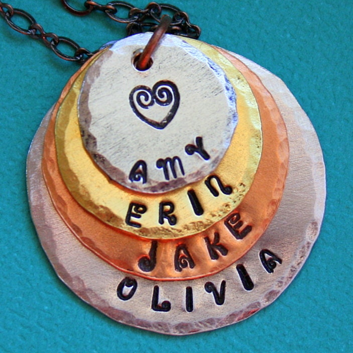 Personalized Necklace - Hand Stamped Jewelry - Layered Grandmother's Necklace - Personalized Mom Necklace  -  Mixed Metals - 4 Names