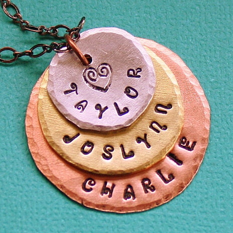 Personalized Necklace - Hand Stamped Jewelry - Layered Grandmother's Necklace - Personalized Mom Necklace  -  Mixed Metals - 3 Names