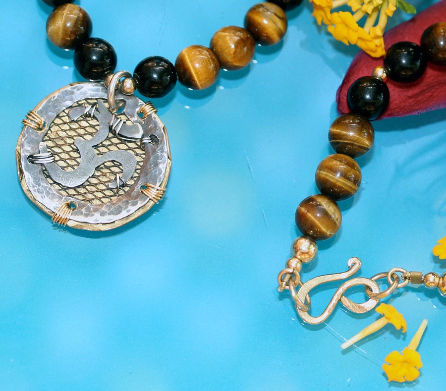 Tiger Eye Bead Mandala Om Pendant Necklace