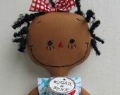 cloth rag doll African American handmade in Red, White and Aqua Flowers