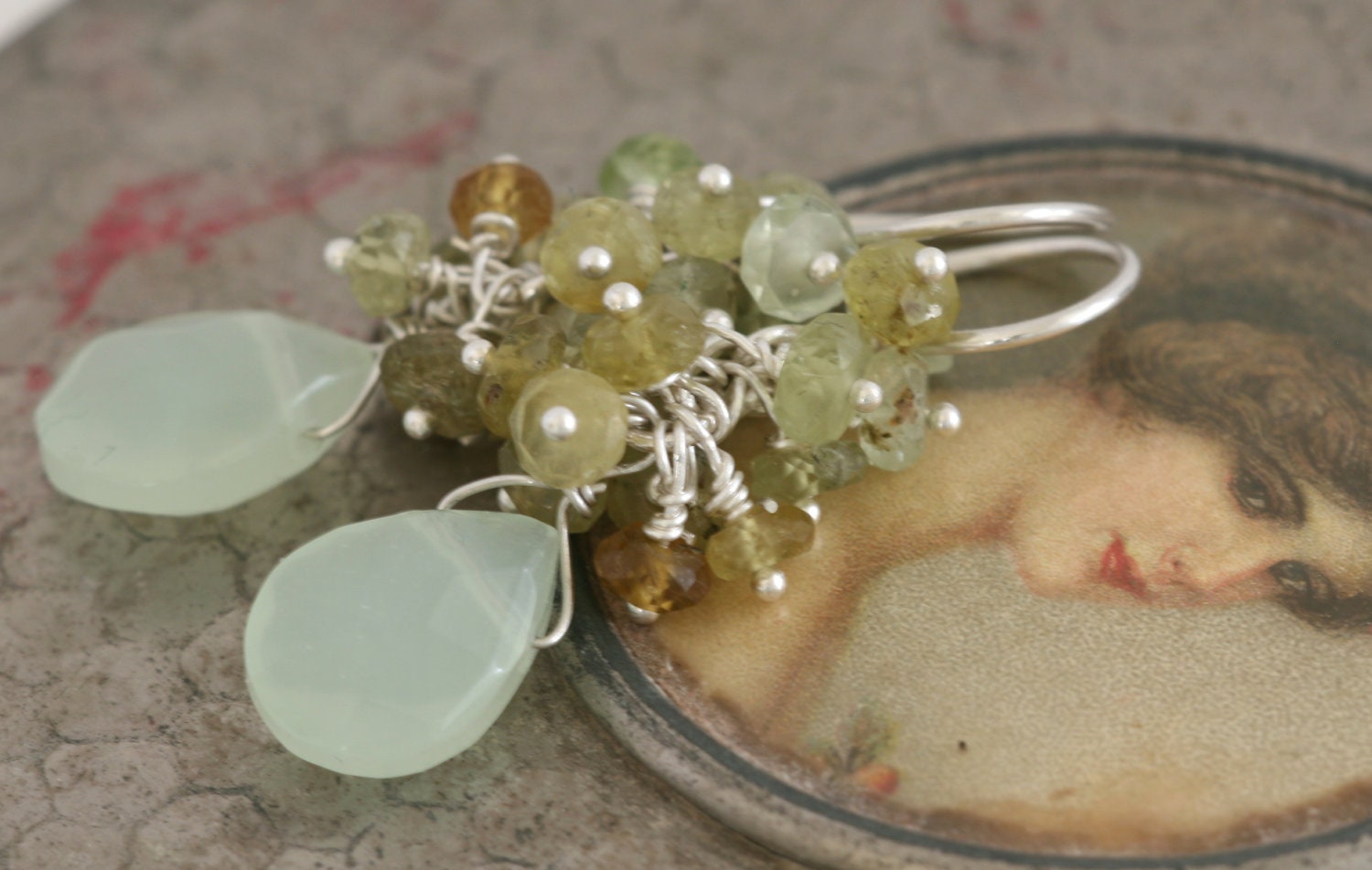 WINTERGREEN GEMS Milk Glass // Green Garnet // Sterling Silver Wire Wrapped Dangle